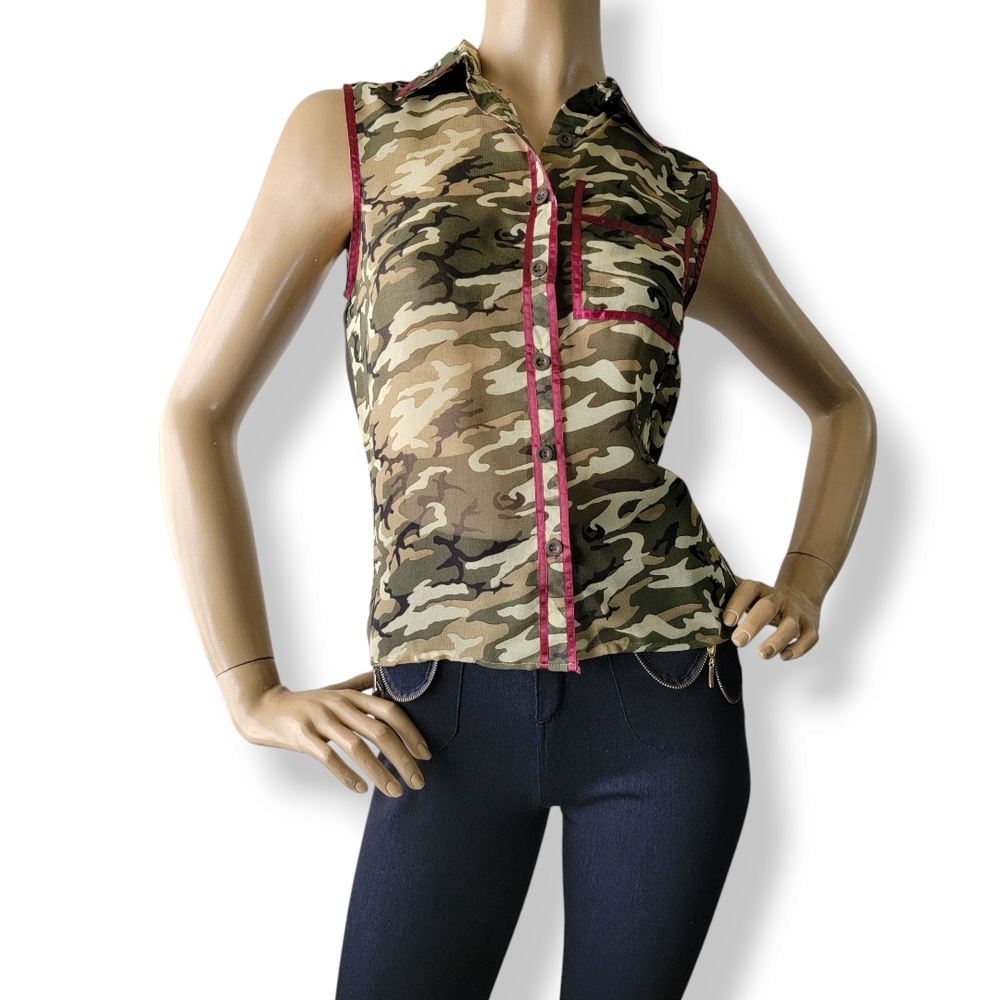 The Hanger Camo Semi Sheer Sleeveless Button Down Blouse